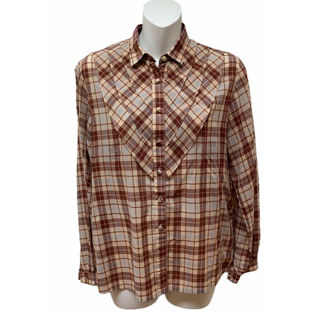 Vintage Retro Plaid Ruffle Front Semi‎ Sheer Blouse